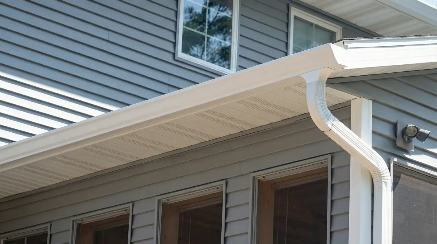 Professional home remodeling project showing newly installed white seamless gutters and downspouts on a house with gray siding in Pittsburgh, PA