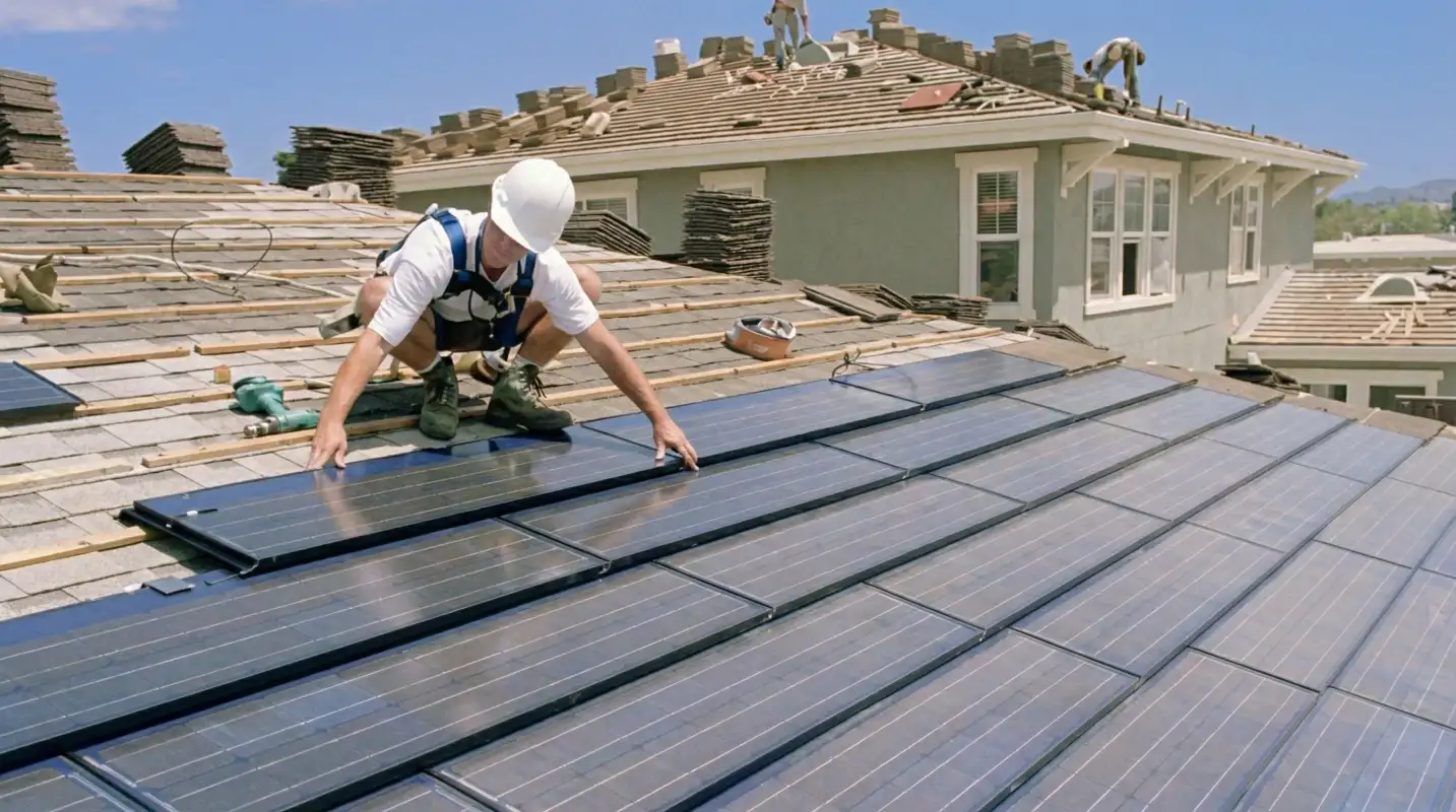 Roof replacement expert installing modern solar shingles on a residential home in Pittsburgh, PA