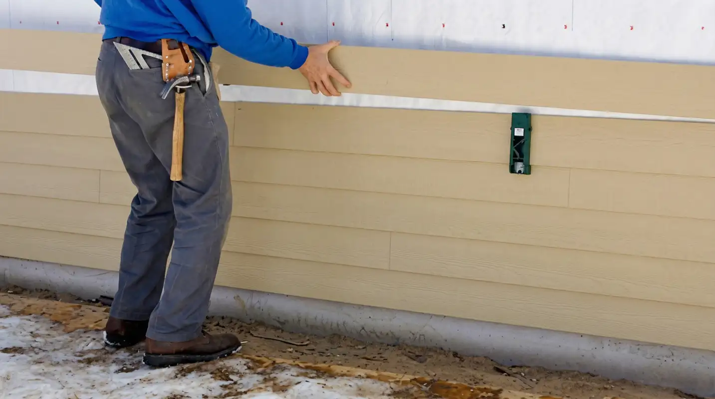 Siding replacement expert carefully aligning a new tan siding panel onto a residential exterior wall in Pittsburgh, PA