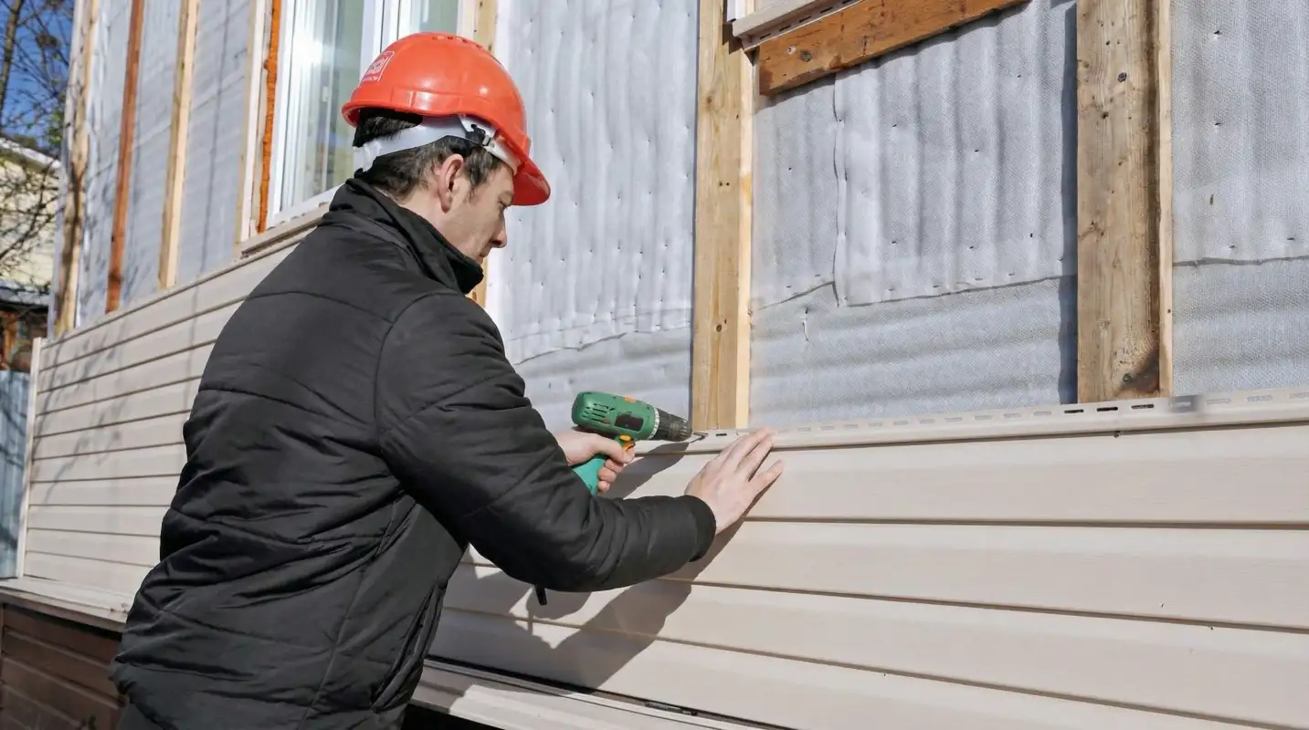 Siding replacement professional using a power drill to install new tan vinyl siding on a home exterior in Pittsburgh, PA