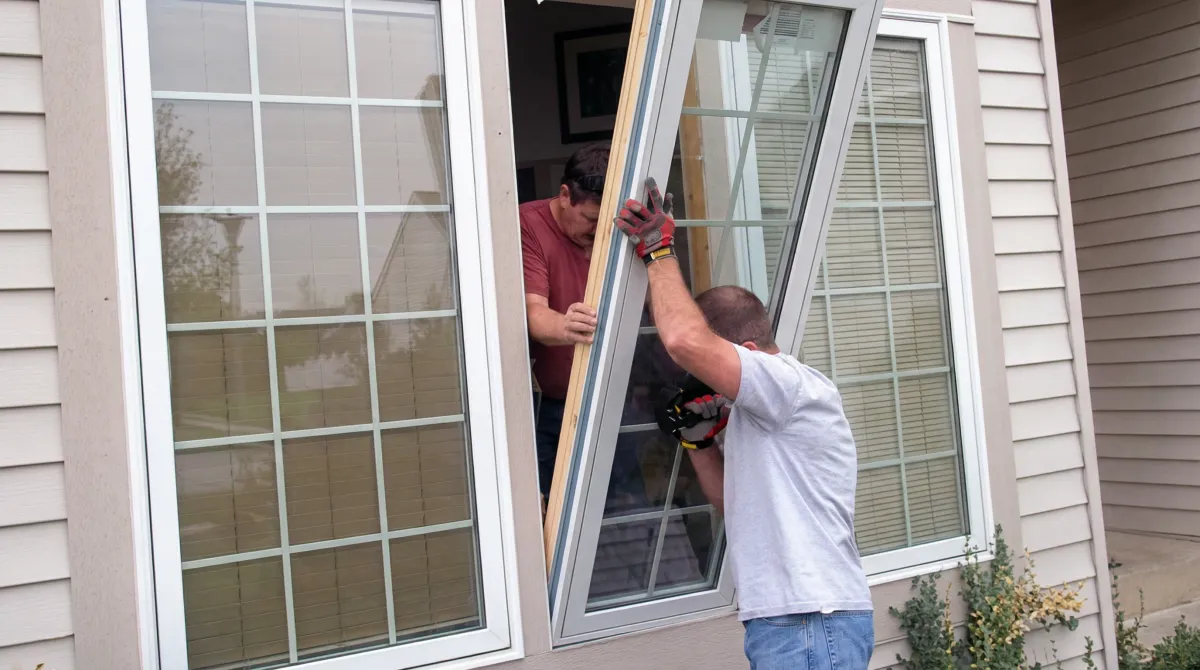 Professional home remodeling team installing a large replacement window on a house with tan siding in Pittsburgh, PA