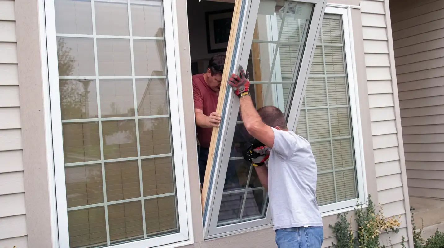 Professional home remodeling team installing a large replacement window on a house with tan siding in Pittsburgh, PA